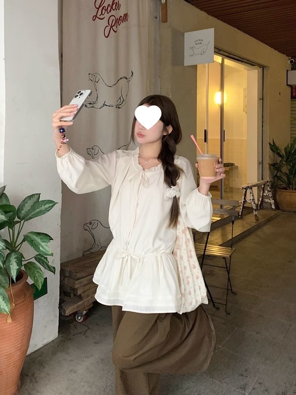 木耳边v领抽绳长袖防晒衬衫女夏日出游穿搭法式气质收腰绝美上衣|undefined