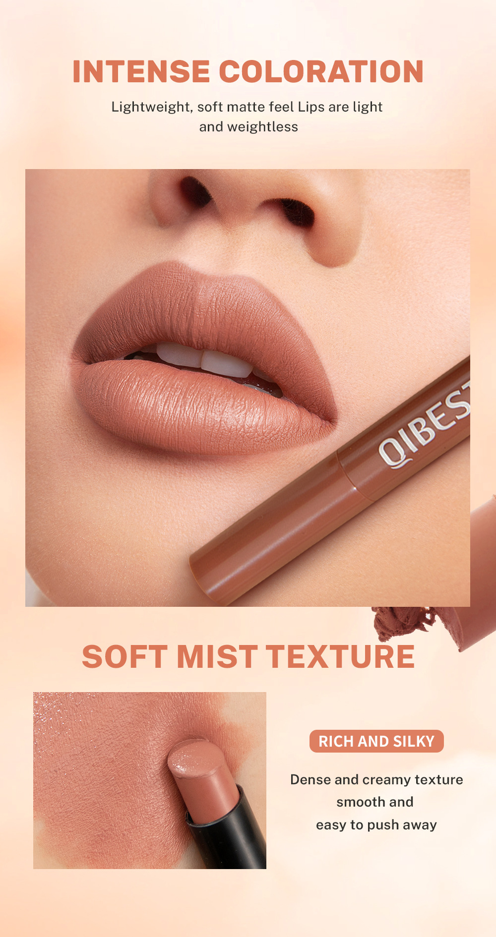 QIBEST Cross-border Smooth matte Lipstick is light, does not dry out and does not fade easily. It is a lipstick pen and makeup product in stock undefined