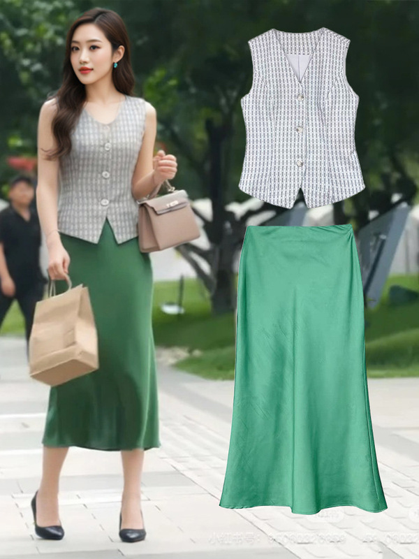 现货短剧韩雨彤许南音同款格子无袖马甲背心女上衣绿色半身裙套装|undefined