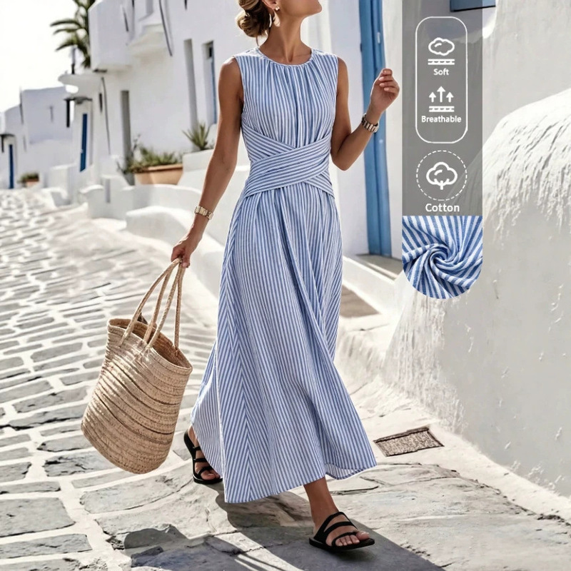 Amazon Aliexpress Cross-Border 2026 New Style Sleeveless Round Neck Striped Long Dress with Waist Tie Beach Style Amazon Aliexpress Cross-Border 2026 New Style Sleeveless Round Neck Striped Long Dress with Waist Tie Beach Style