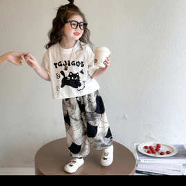 女童夏装短袖套装2025新款儿童T恤防蚊裤时髦两件套宝宝夏季衣服