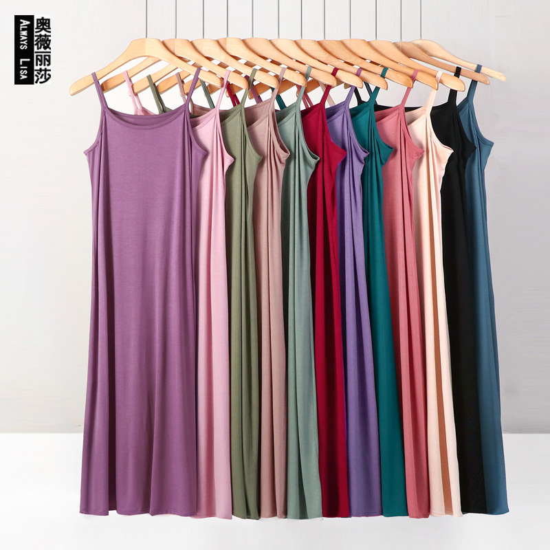 Plus Size Spring and Summer All-match Slim-fit Long Inner Nightgown Sling Modal Cotton Women's Solid Color Base dress