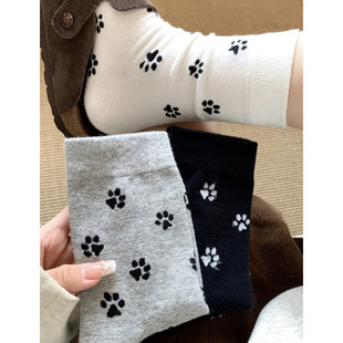 Korean Style Ins Style Cute Puppy Paw Print Socks Women's Mid-length Socks Black and White Grey Niche Design Pure Cotton Stacked Socks