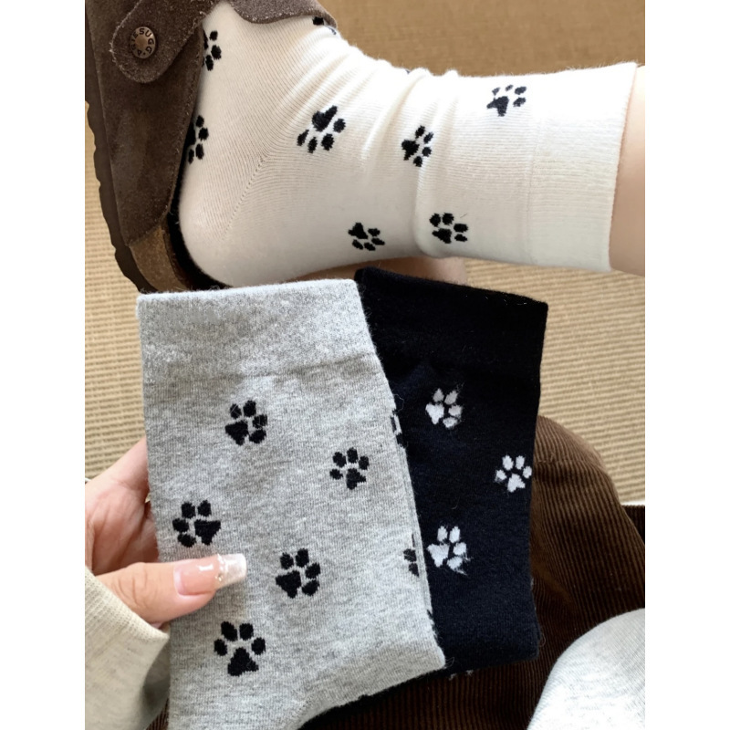 Korean style ins style cute puppy paw print socks women's mid-tube socks black and white gray niche design pure cotton piled socks