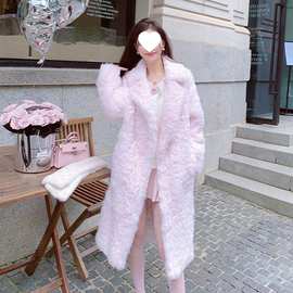 法国小湖羊皮毛一体皮草外套女冬季小众泰迪粉色中长款大衣
