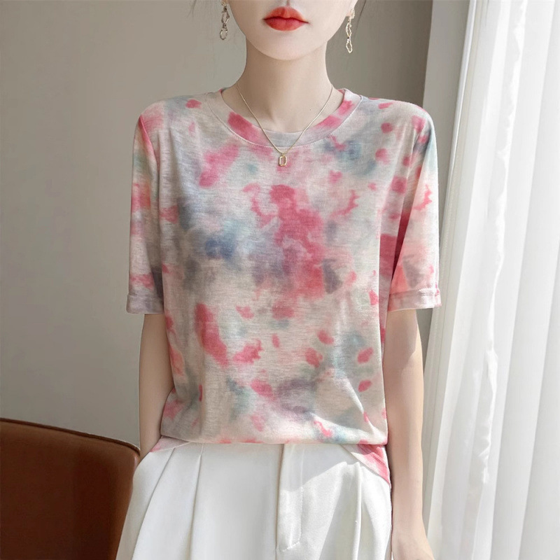 Gradient Ink Painting Tencel Lyocell Summer Lightweight Short Sleeve Women's Round Neck Slim Fit Printed Half Sleeve T-Shirt Base Layer