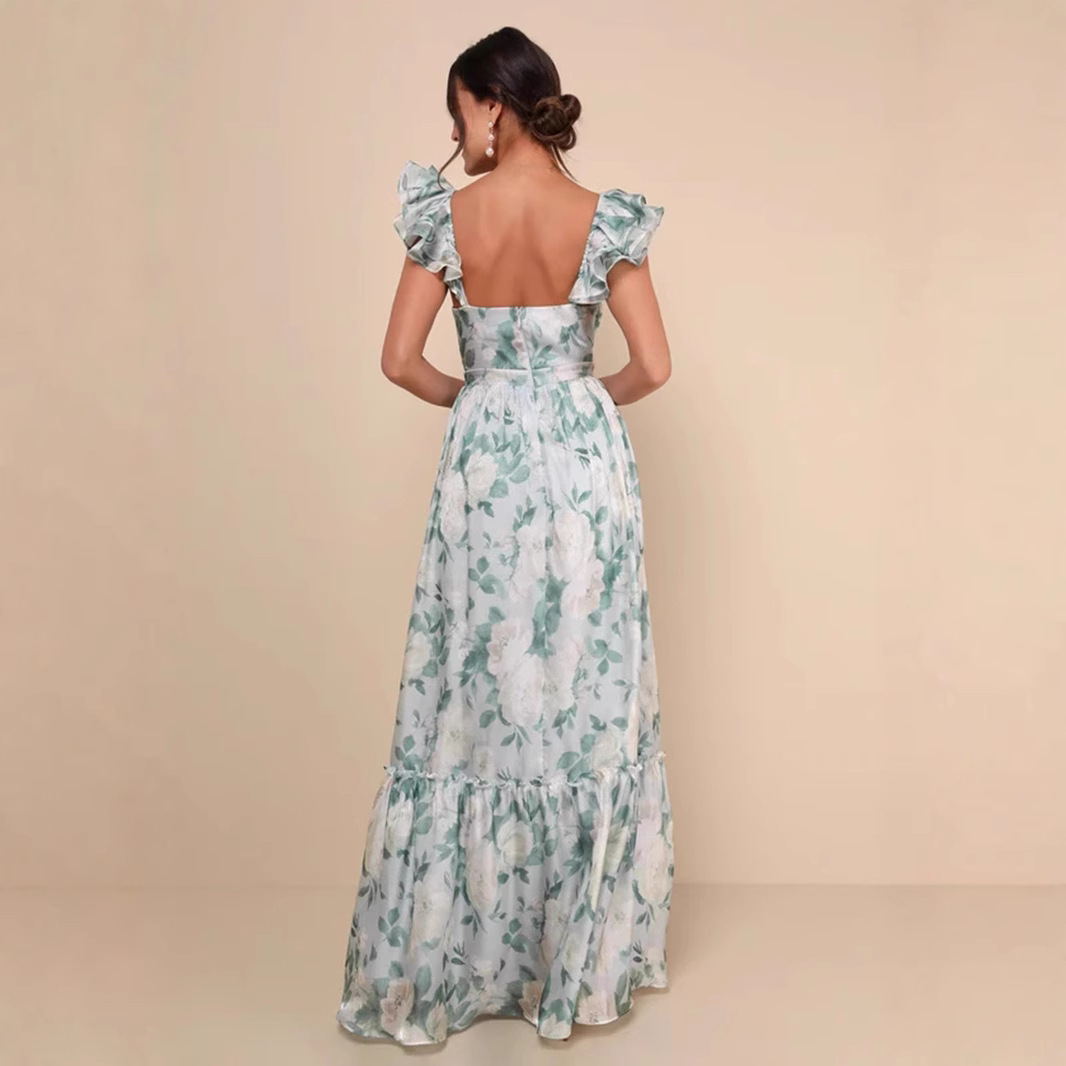 Women's Sexy Printed Deep V Ruffle Backless Top European American Style Summer Fashion Suspender Design_ecoleips.com