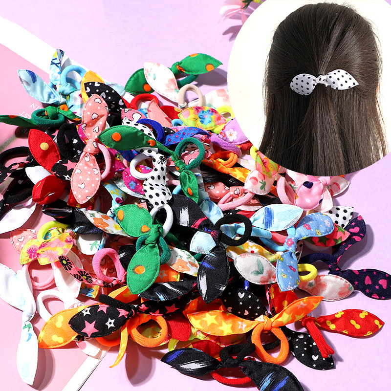 토끼 귀 어린이 다채로운 헤어 밴드 수건 반지 소녀의 머리 밴드 헤어 로프 패브릭 보우 머리띠 고무 밴드