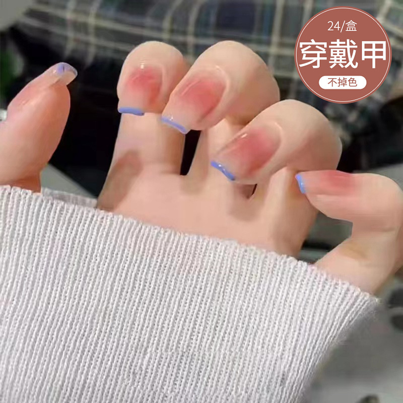 D184 Fake Nail Sticker Wearing Nail Nail Finished Nail Sticker Nail Patch Blush Blue Edge Snob Detachable Wearing D184 Fake Nail Sticker Wearing Nail Nail Finished Nail Sticker Nail Patch Blush Blue Edge Snob Detachable Wearing