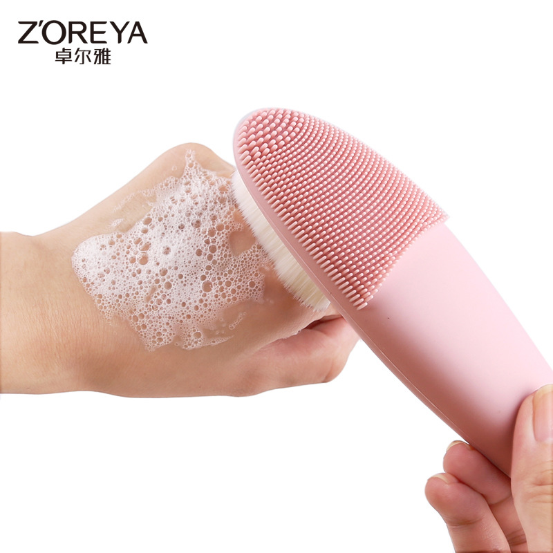 Fabricante en stock cepillo de limpieza facial herramientas de maquillaje Rosa largo cerdas suaves de silicona de doble cara cepillo de limpieza facial cepillo de lavado facial