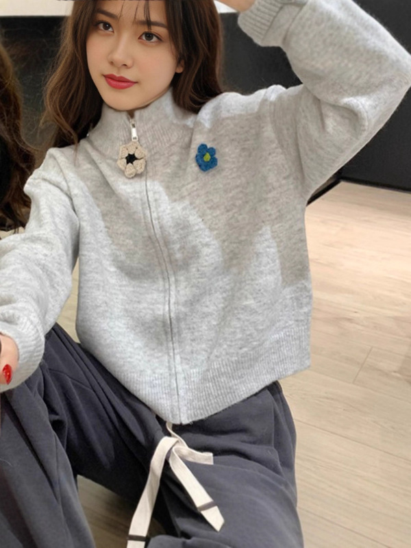 秋冬立体花朵灰色拉链半高领毛衣外套女百搭宽松短款针织开衫撞色|undefined