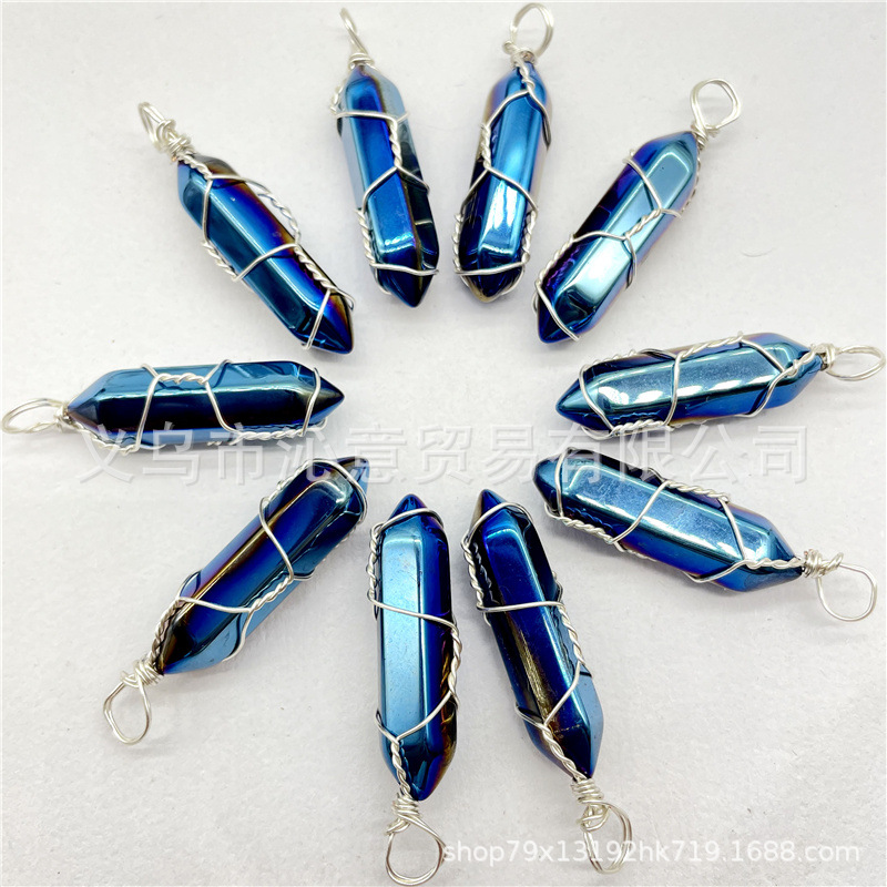 Comercio exterior caliente bobina hexagonal columna colgante collar de cristal natural hecho a mano de plata hilo bala joyería al por mayor