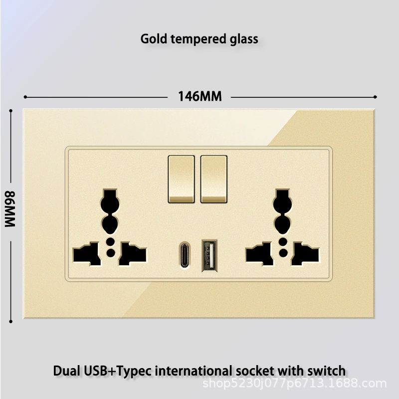 Золотое закаленное стекло в стиле Гонконг и Макао 13A с USB-вилкой электрический выключатель панель пористая Type-C