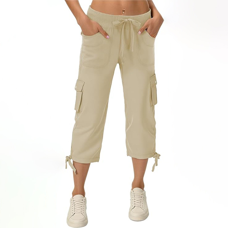 European and American Women's Hiking Cropped Pants Quick-Dry Sports Cargo Pants Loose Fit Multi-Pocket Travel Casual Solid Color Drawstring