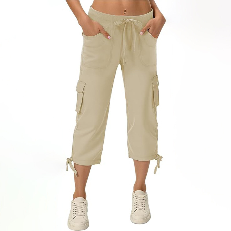 European and American Women's Hiking Cropped Pants Quick-Dry Sports Cargo Pants Loose Fit Multi-Pocket Travel Casual Solid Color Drawstring