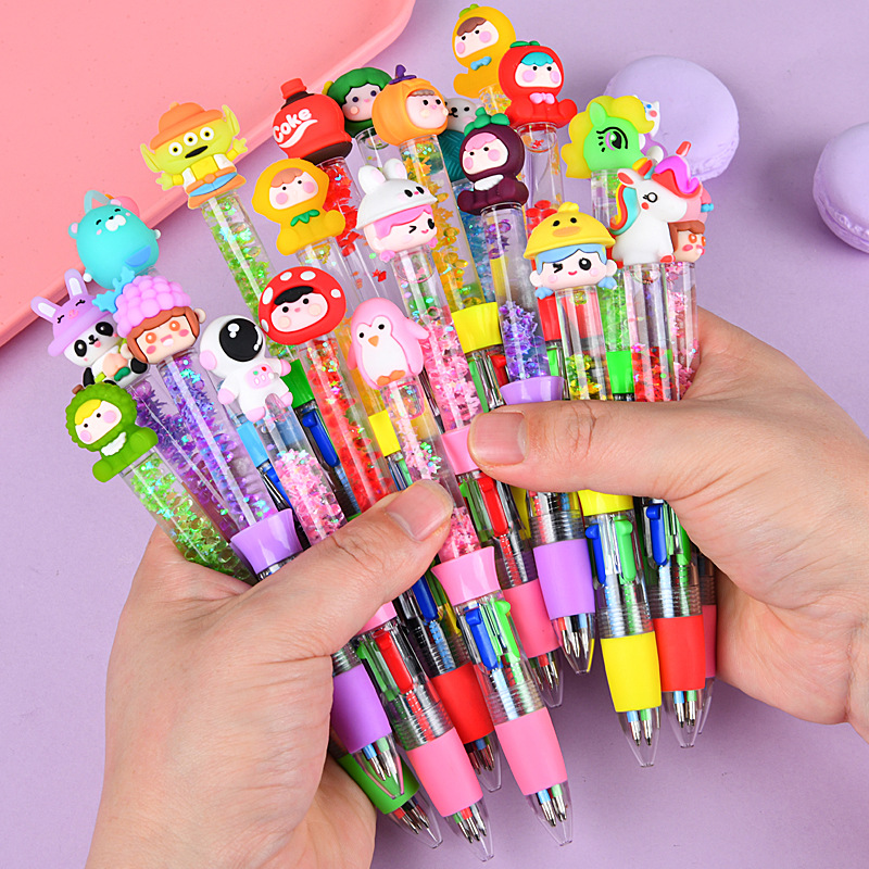 Nuevos dibujos animados creativos de arena flotante de cuatro colores bolígrafo adorable bolígrafo de mano pulsar bolígrafo de color estudiantes papelería al por mayor