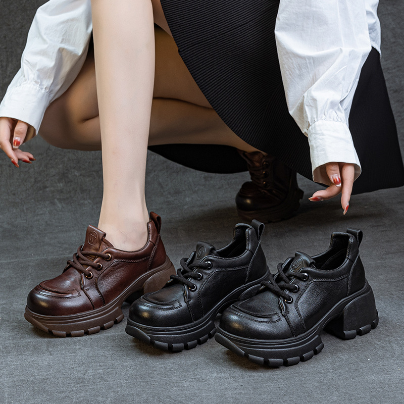 2025 Autumn New Genuine Leather Women's Shoes Thick Heels Lightweight Foam Sole Front Lace-Up Deep Mouth Shoes Retro Thick Sole Shoes