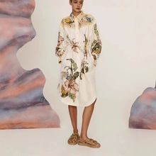 田园风宽松休闲衬衫裙2025女翻领单排扣印花系带长袖不规则连衣裙