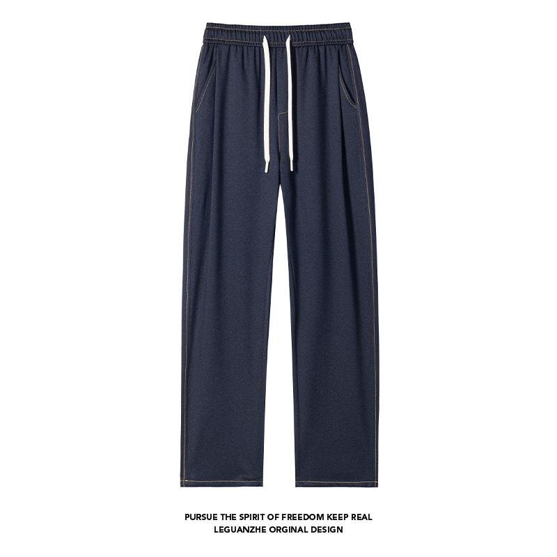 Men's Denim Ice Silk Pants, Spring And Autumn Thin Style, Pleated, Drapey, Straight-leg, Drawstring Elastic_voghion.com
