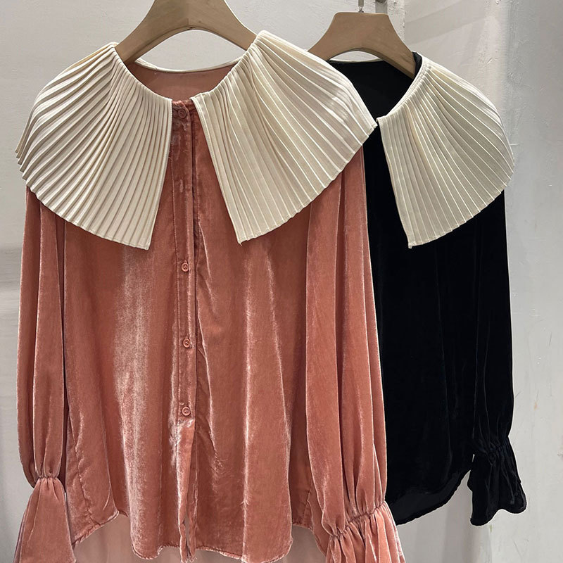 GraceChic GraceChic GraceChic Women's Fashion Station 25 New European Goods Trendy High-end Color-blocking Large Lapel Velvet Blouse Long Sleeve Shirt_voghion.com