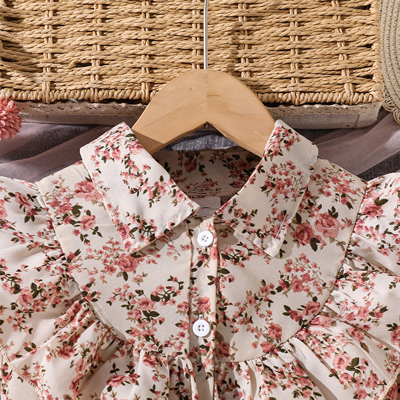 Mädchenkleid mit Blumenmuster, langen Ärmeln, Kragen, taillierter Passform, Mesh-Einsätzen, Prinzessinnenstil, Herbst_voghion.com