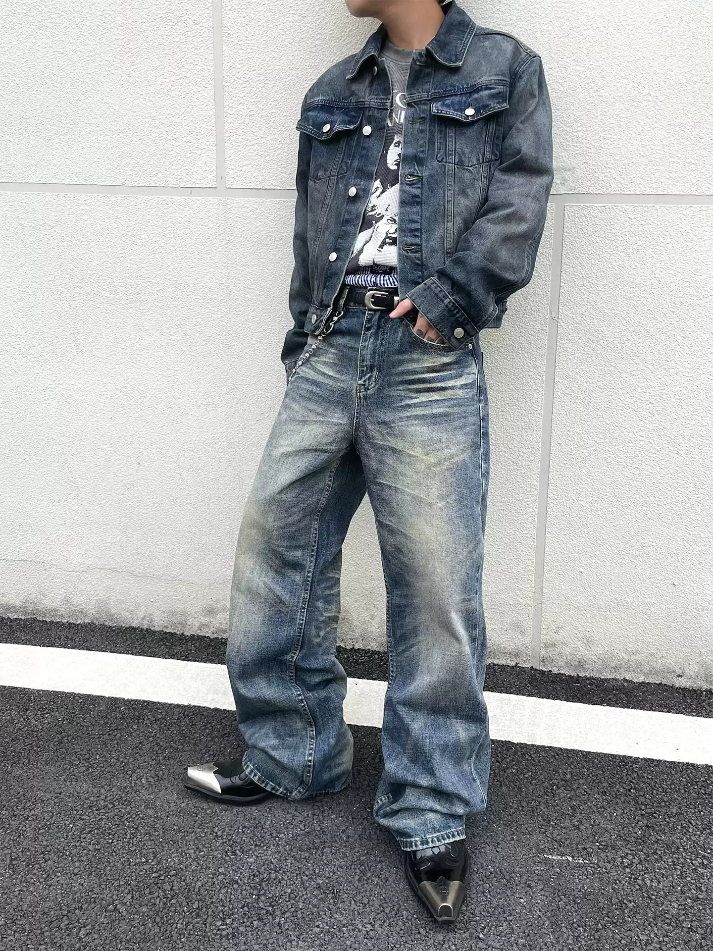 Vintage Washed Distressed Whiskered Baggy Jeans High Street Style Casual Loose Fitting Straight Leg Jeans_mkmklike.com