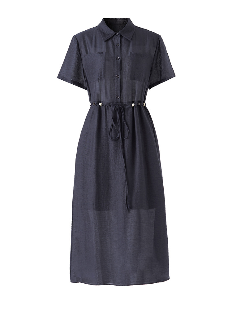 Đầm sơ mi nữ dáng suông chất liệu linen phối cườm nhẹ — màu xanh navy