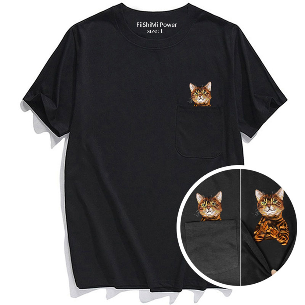 Pocket Short Sleeve Men's CLOOCLT T-shirt Cat T Brown Bear Middle Finger Printed Patch Bag Fun and Novelty Pet_voghion.com
