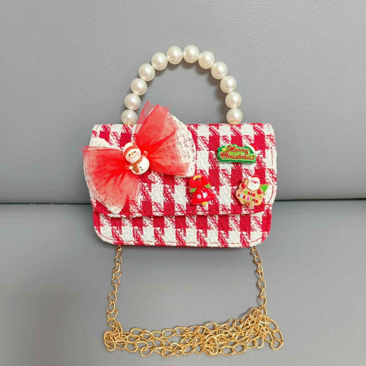 Cartera de Año Nuevo rojo arco de papá Noel bolso de perla pequeña cadena de viento fragante bolso de hombro