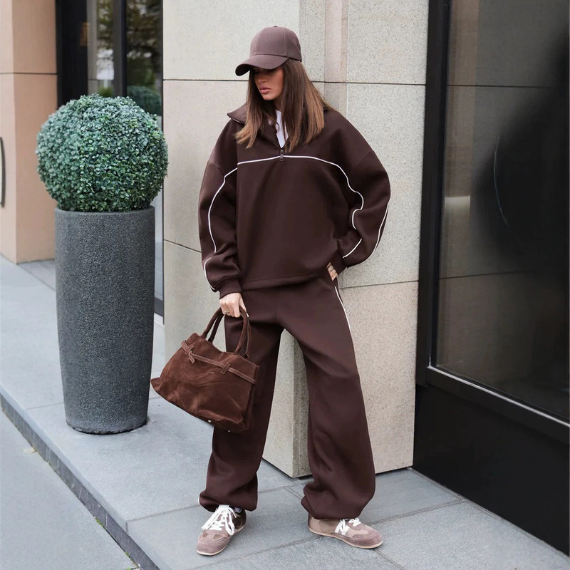 Amazon Cross-Border Casual Sports Women's Suit Solid Color Long-Sleeved Half-Cardigan Pullover Top Elastic Trousers Two-Piece Set