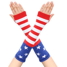 跨境欧美星条旗穿指长款手套五角星条纹袖套针织手臂套动漫手腕套