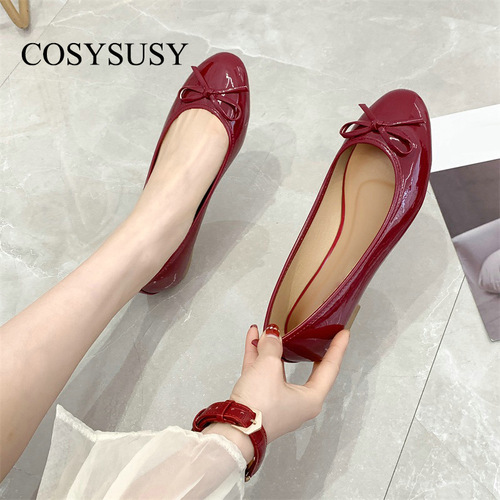 Ballet shoes women's round toe solid color flat shoes soft leather  new spring and summer bow casual black women's shoes