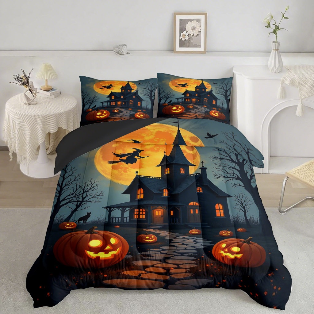 TEMU / JIT transfronterizo Halloween 3D impresión digital 180gms colcha colcha almohada conjunto de dibujo se puede ajustar