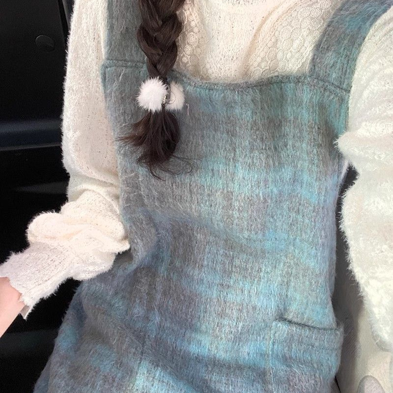 湖韩版长款背带裙格子蓝绿口袋一整套秋装新款秋冬连衣裙搭配毛呢