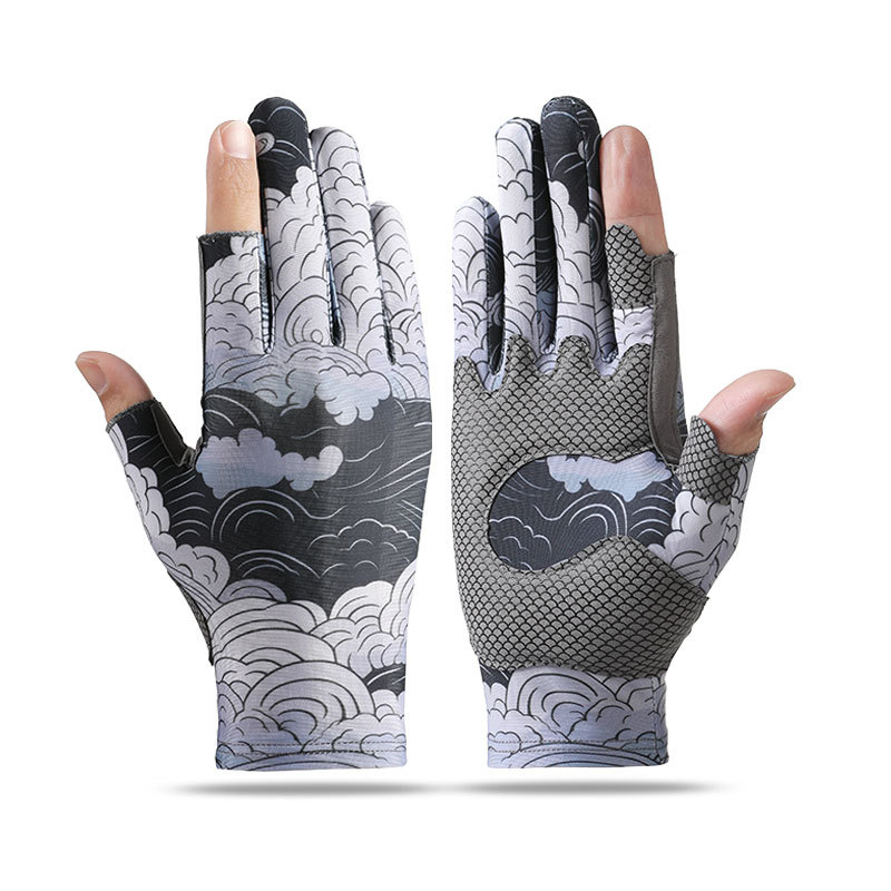 Guantes de pesca de los hombres de primavera y verano al aire libre de la pesca protección solar antideslizante resistente al desgaste camuflaje frío hielo seda medio dedo transpirable DY