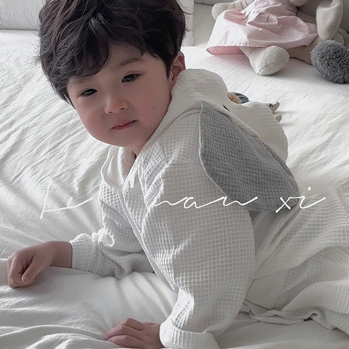 Spring 2024 New Children's Homecoming Gown Check Pattern Baby Bath Robe Cute Elephant Baby Pajamas Home Sleepwear