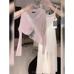 秋冬女装高级感小个子超好看粉色针织毛衣白色连衣裙子小香风套装