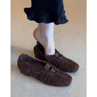 羊皮版~法式复古方头褶皱松紧一字带乐福鞋女通勤百搭单鞋小皮鞋