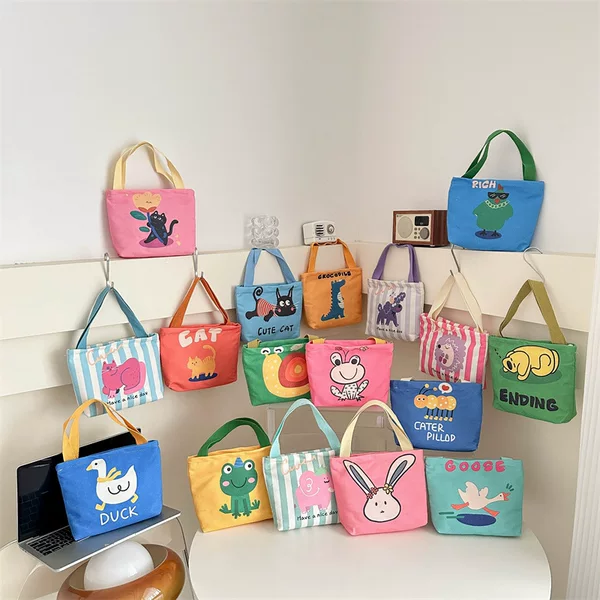 Cartoon Handheld Canvas Bag Animal Cute Fun Picture Thickened Shoulder Bag Double-Sided Printed Handbag Mobile Phone Bag