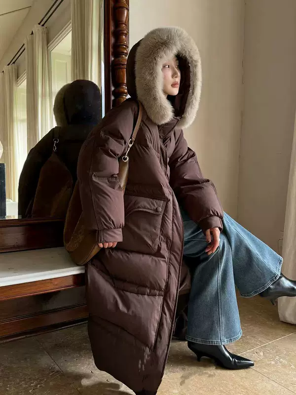 Long Down Jacket, Velvet Shell, Duck Down Fill, Maxi Length, Thickened Winter Coat