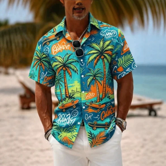 2026 Men's Graffiti Style Palm Tree Skateboard Print Shirt Summer Casual Streetwear Sports Casual Shirt