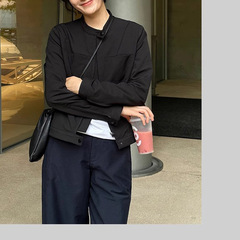 先行販売黒スタンドカラーショートジャケット女性のための 2025 新作春と秋のスリムフィットトップ