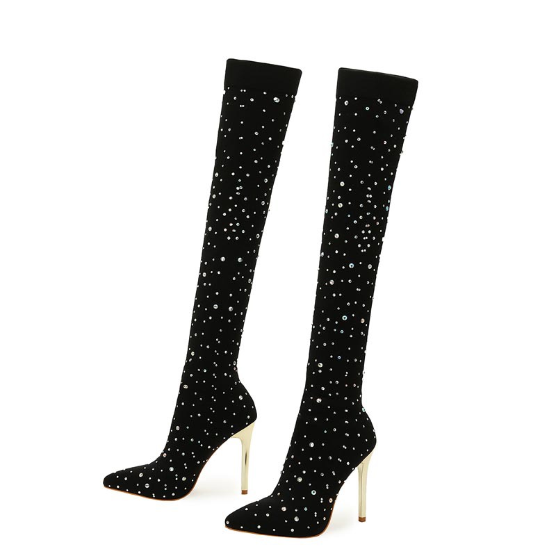 rhinestone high leg knee boots, fashionable oversized slim heel women's boots 35-43