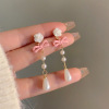 Cute long silver needle, fuchsia earrings from pearl with bow, silver 925 sample, flowered