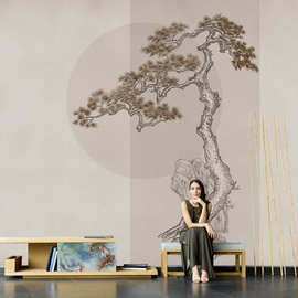 中式手绘山水壁纸客厅沙发青松电视背景墙布壁画民宿卧室床头墙纸
