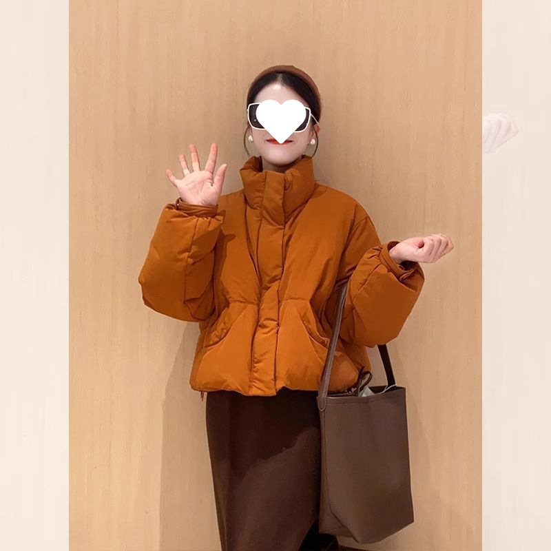 韩系橘色短款加绒加厚羽绒棉服女2025冬季新款保暖面包服外套|undefined