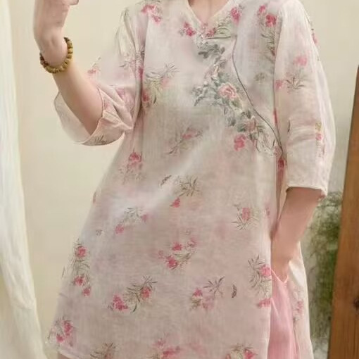 Buttoned Stand-Collar Ramie Dress for Women, 2026 Summer New Chinese-Style Women's Fashion, Pullover Mid-Length Shirt