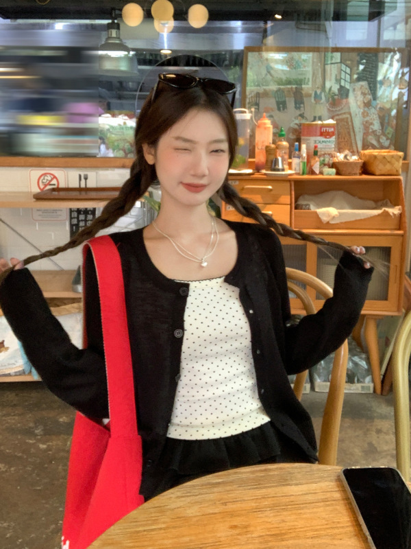时尚波点印花吊带背心女无袖女装夏日新款韩版甜美波浪边短款上衣|undefined