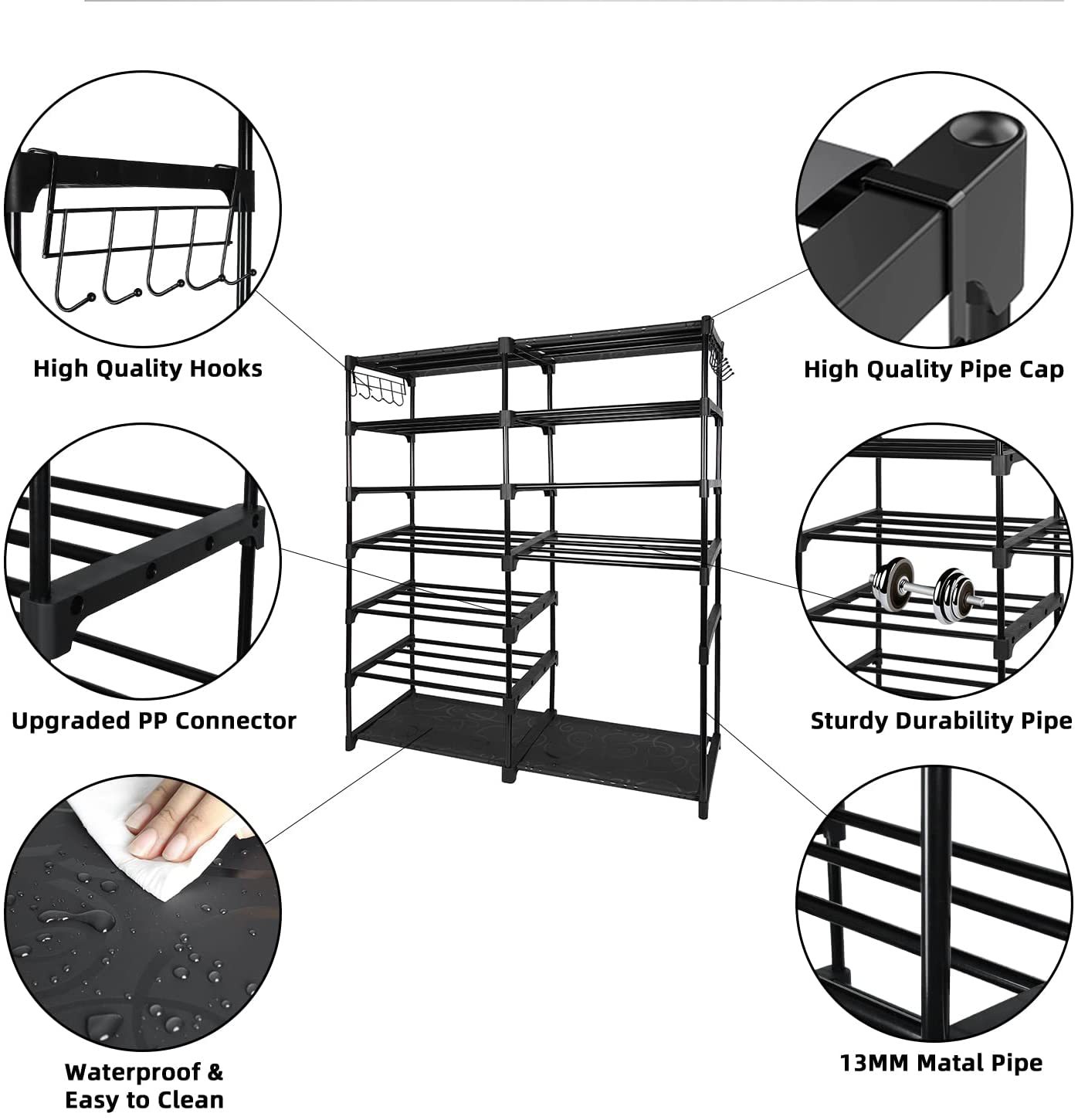 简易双列七层鞋架靴子收纳架子多功能大容量挂钩室内卧室厂家直销
