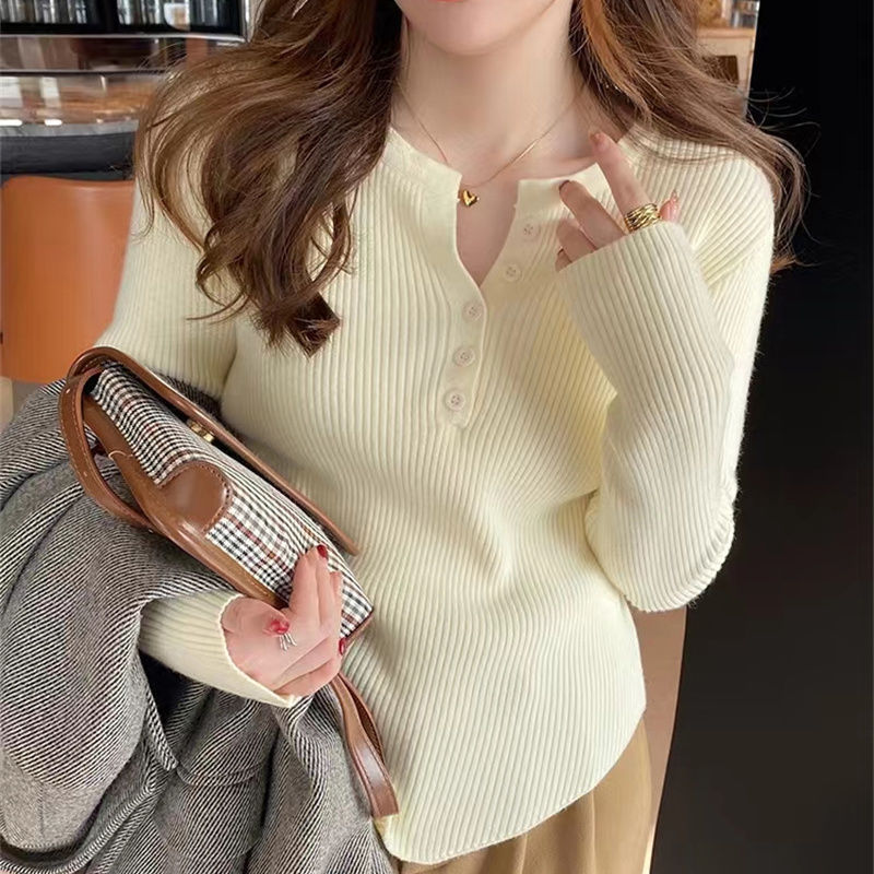 Spring and Autumn New V-neck versatile slim fit tight inner long sleeve bottoming sweater Western style button sweater for women Spring and Autumn New V-neck versatile slim fit tight inner long sleeve bottoming sweater Western style button sweater for women